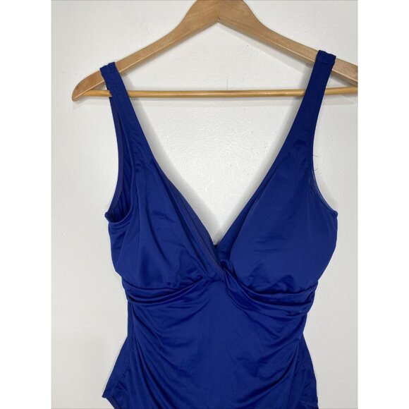 Ralph Lauren Swimsuit Sz 14 Blue One Piece Swim Ruched Side V Neck Padded Bra - Picture 2 of 6